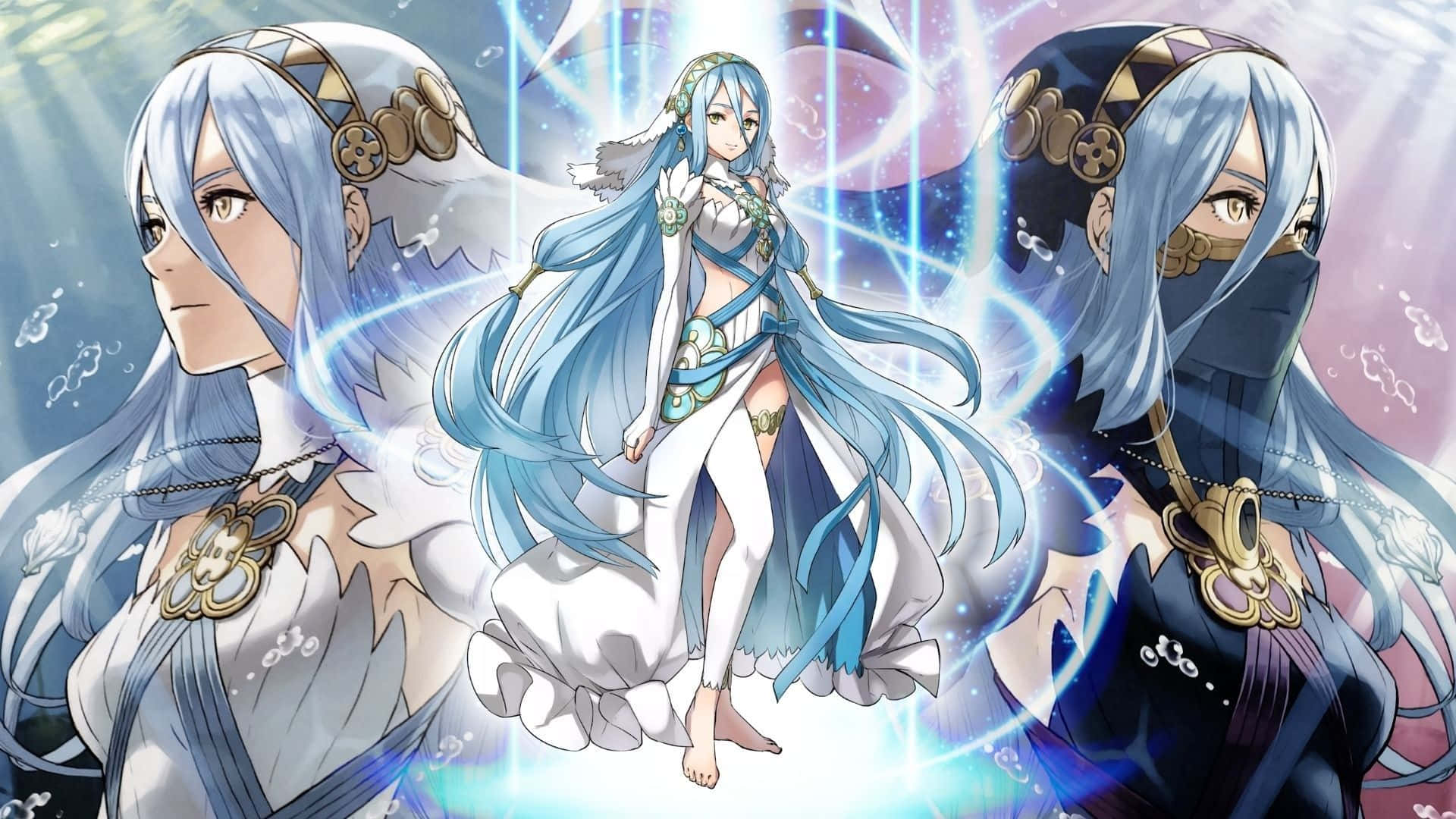 三個藍髮動漫女孩，周圍有發光魔法效果。 — Fire Emblem Warriors 壁紙
