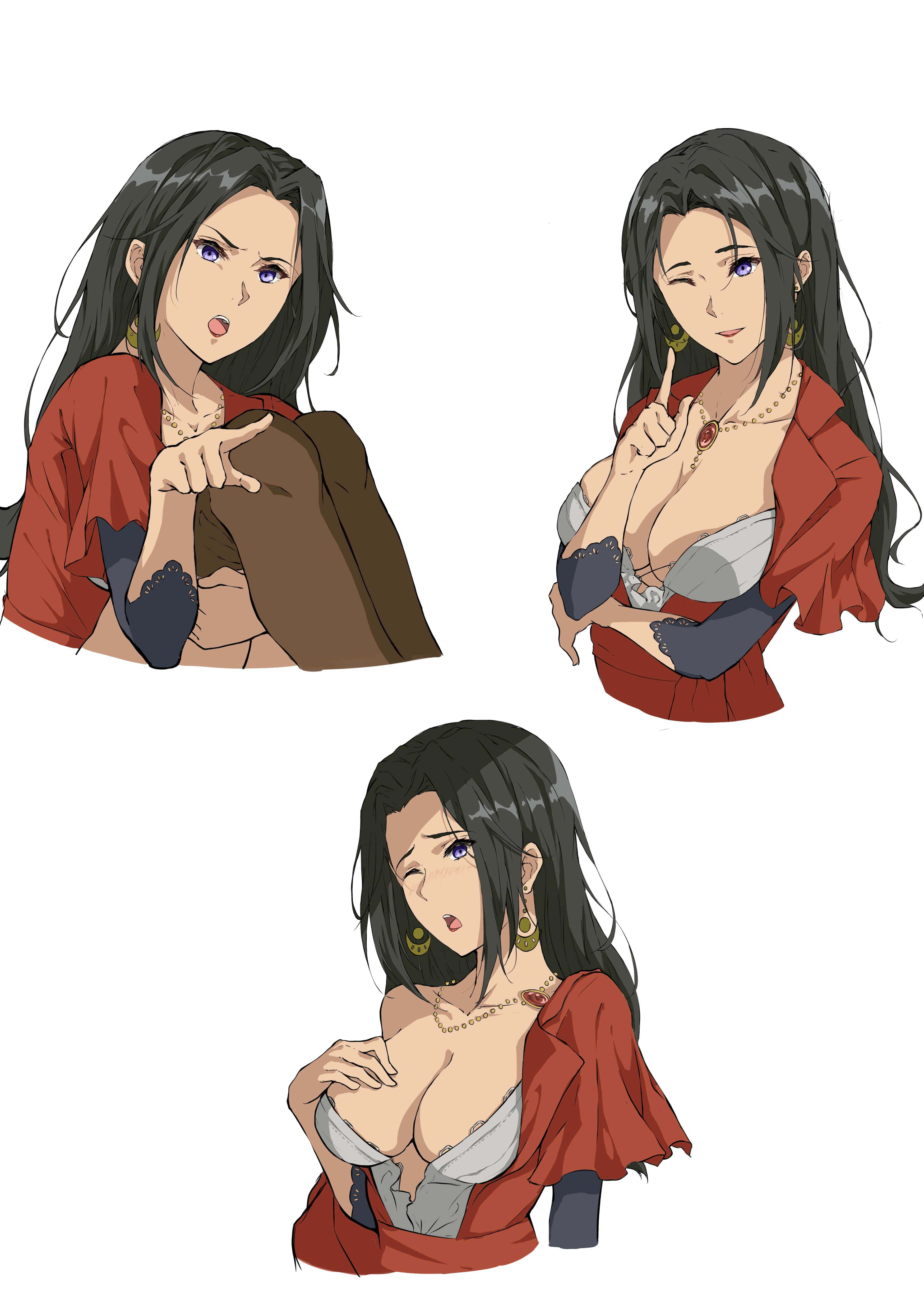 Cattleya Baudelaire 桌布 壁紙 — 三個動漫風格女性角色，長黑髮，身穿紅色上衣，擺出富有表情的面部和手指姿勢。