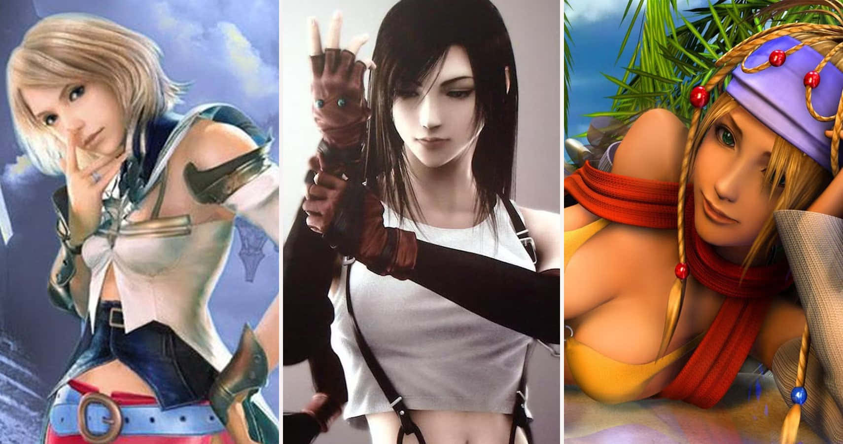 Final Fantasy Characters 桌布 壁紙 — 三個動漫風格女性角色穿著不同服裝，在各種背景前擺出姿勢，眼神富有表現力。