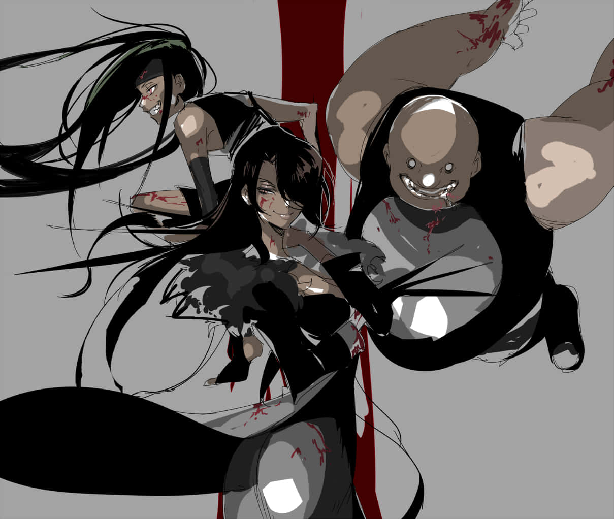 Fullmetal Alchemist Gluttony 桌布 壁紙 — 三個動漫風格的人物，臉上和四肢沾滿鮮血，在單調的灰色背景上激烈碰撞。
