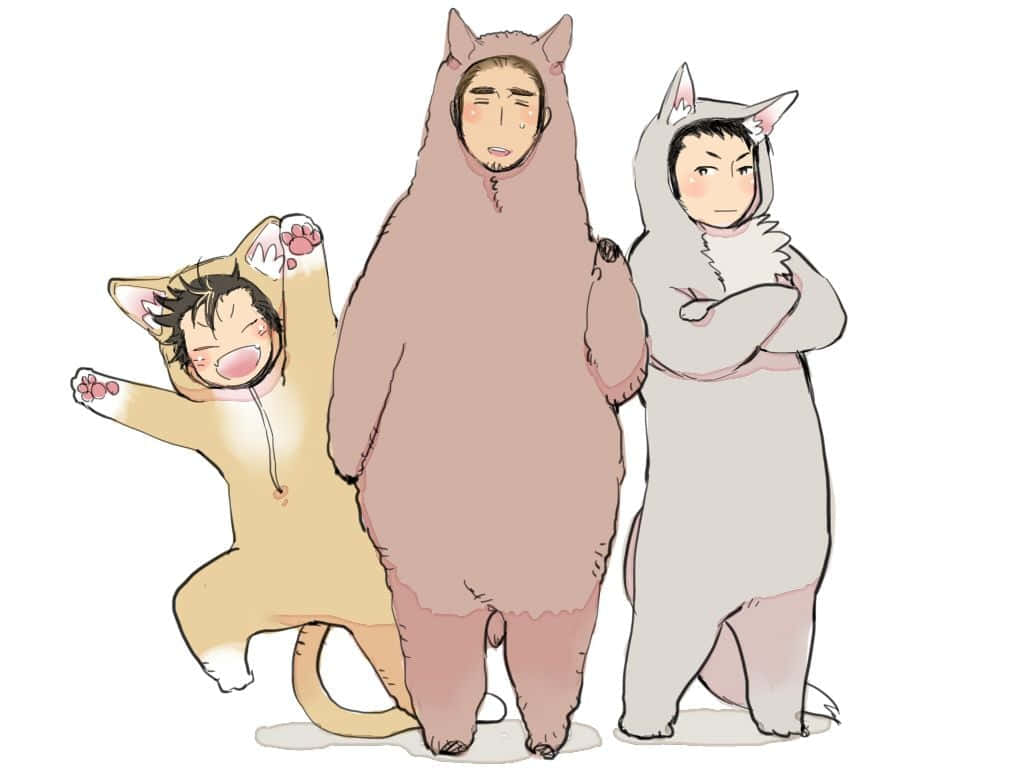 Asahi Azumane 桌布 壁紙 — 三個動漫風格的人穿著貓咪服裝，在純白背景前擺出俏皮的表情。