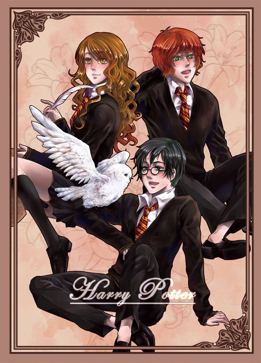 Golden Trio 桌布 壁紙 — 三個動漫風格的哈利波特角色穿著校服，與一隻白色貓頭鷹在花卉背景前擺姿勢。