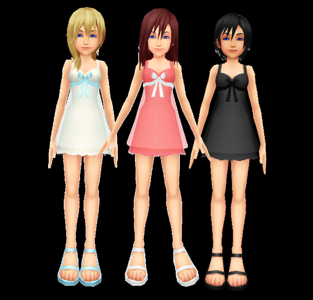 Kingdom Hearts Namine 桌布 壁紙 — 三個動漫風格的女孩穿著相配的連衣裙，並排站在黑色背景前。