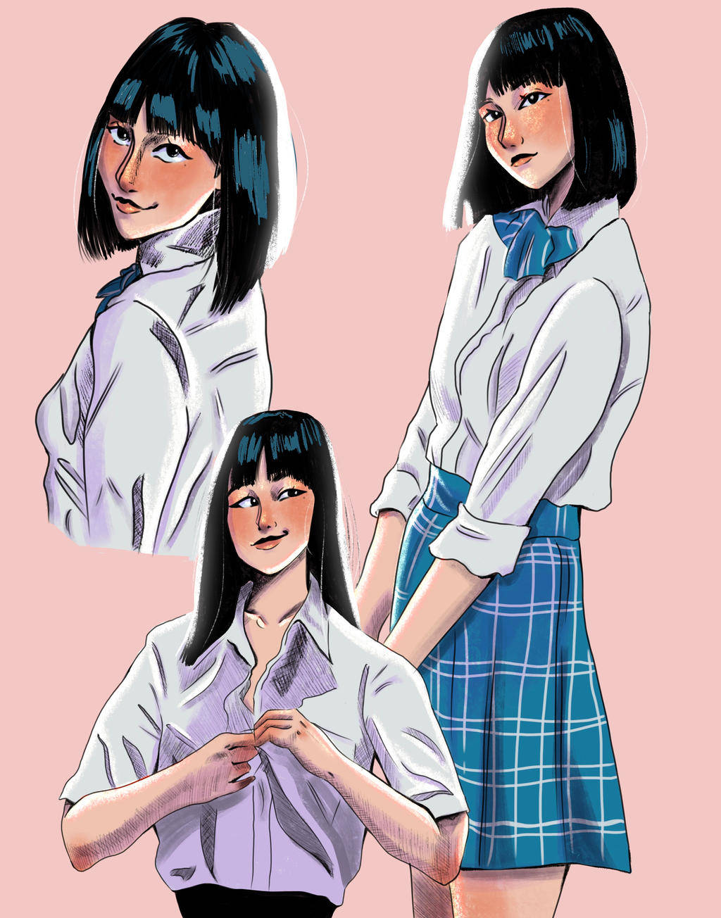 Cute Girl 桌布 壁紙 — 三個動漫風格的女學生，穿著白襯衫和藍色格子裙，在柔和的粉紅色背景前擺姿勢。