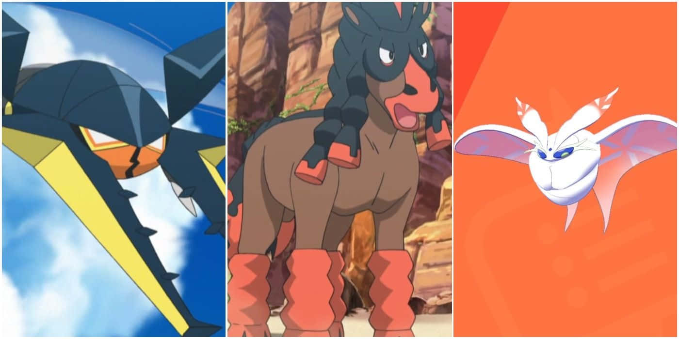 Mudsdale 桌布 壁紙 — 三個動漫風格的寶可夢角色以動感姿態呈現在鮮豔背景前。