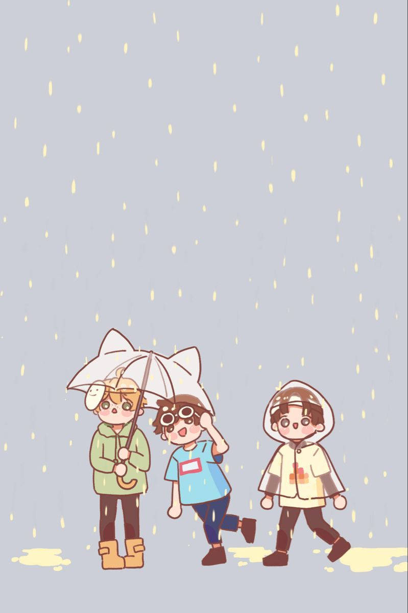  壁紙 — 三個動漫風格的小孩在貓耳雨傘和雨衣下快樂地走在雨中，水坑反射著金色的水滴。