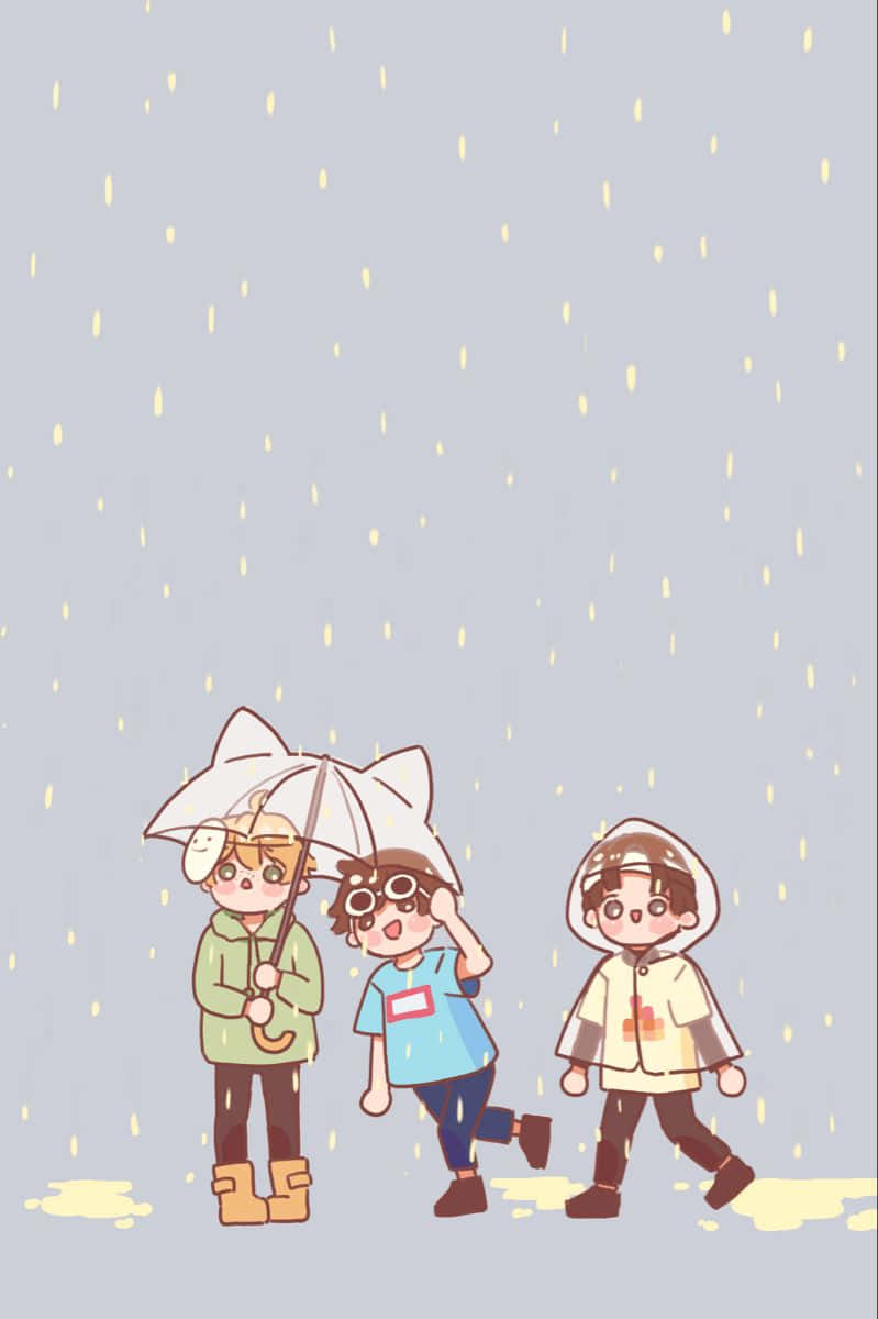 Dream Team 桌布 壁紙 — 三個動漫風格的小孩在雨中行走，撐著貓耳雨傘，穿著雨衣，水坑反射著金色水滴。