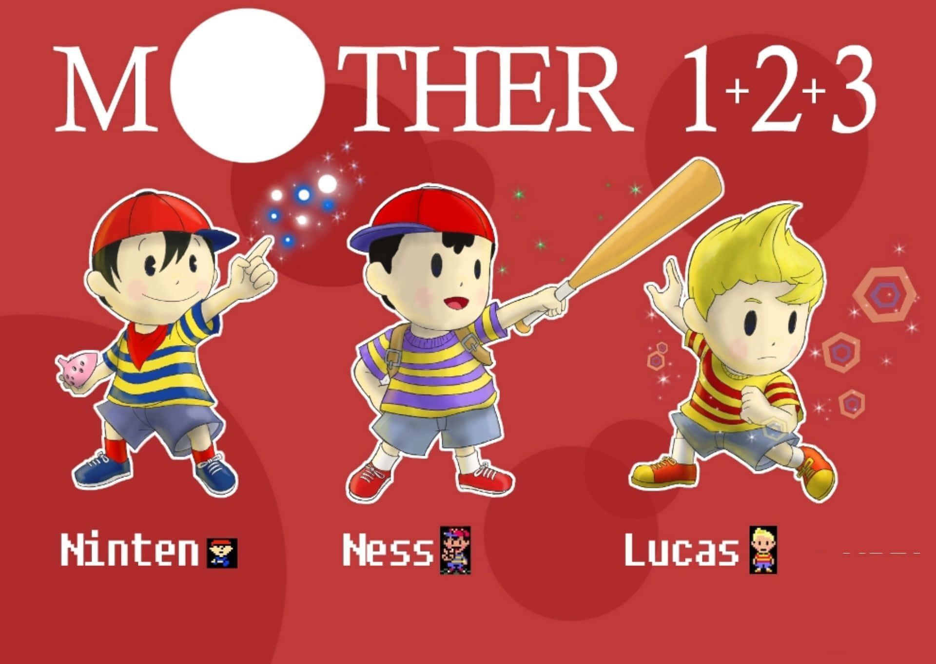 Earthbound 桌布 壁紙 — 三個動漫風格的小孩穿著條紋襯衫，在紅色背景前動感擺姿勢，並有遊戲標題文字。