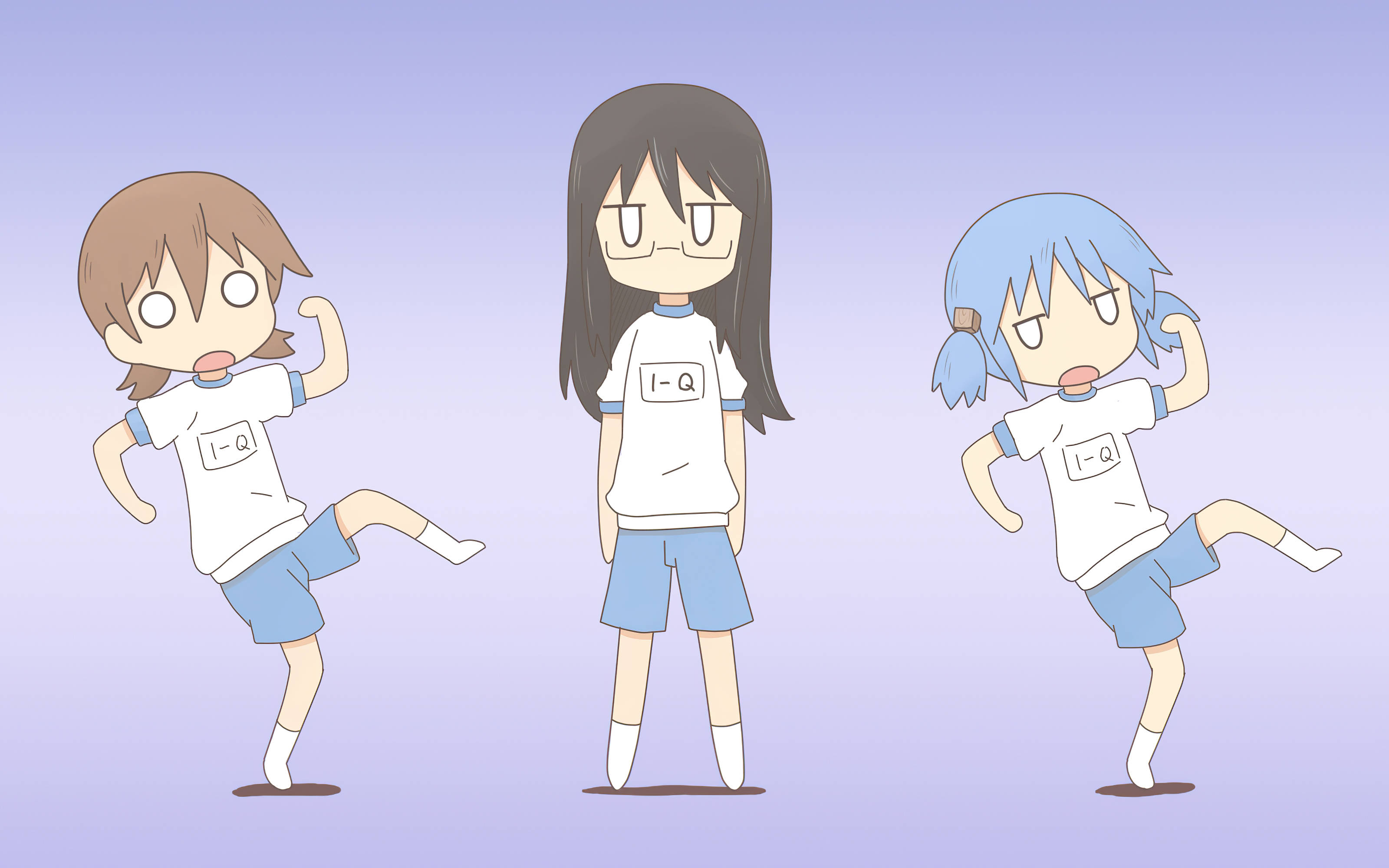 anime dance 桌布 壁紙 — 三個動漫風格的小孩穿著相配的白色襯衫和藍色短褲，在柔和的紫色漸變背景前擺出俏皮的姿勢。