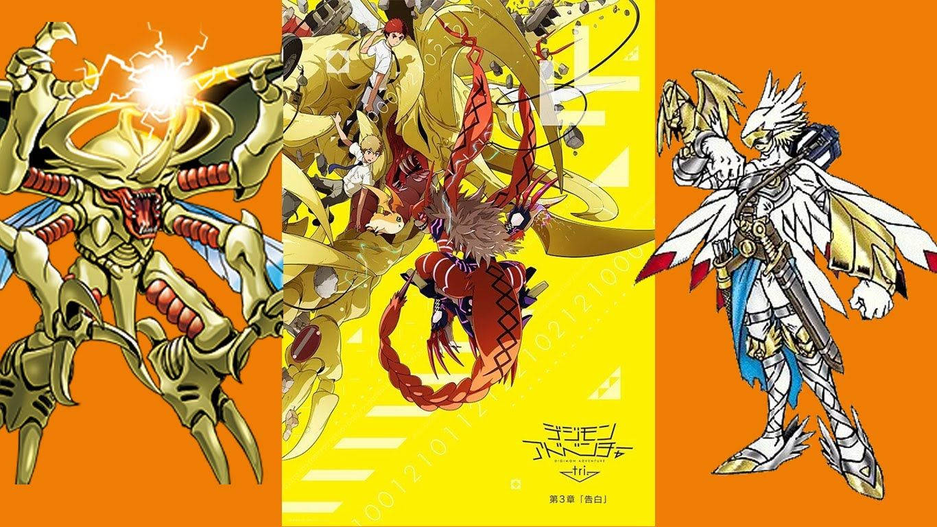 Digimon 桌布 壁紙 — 三個動漫風格的數碼怪物，穿著金色、紅色和白色的盔甲，在充滿活力的黃色和橙色背景上動態站立。