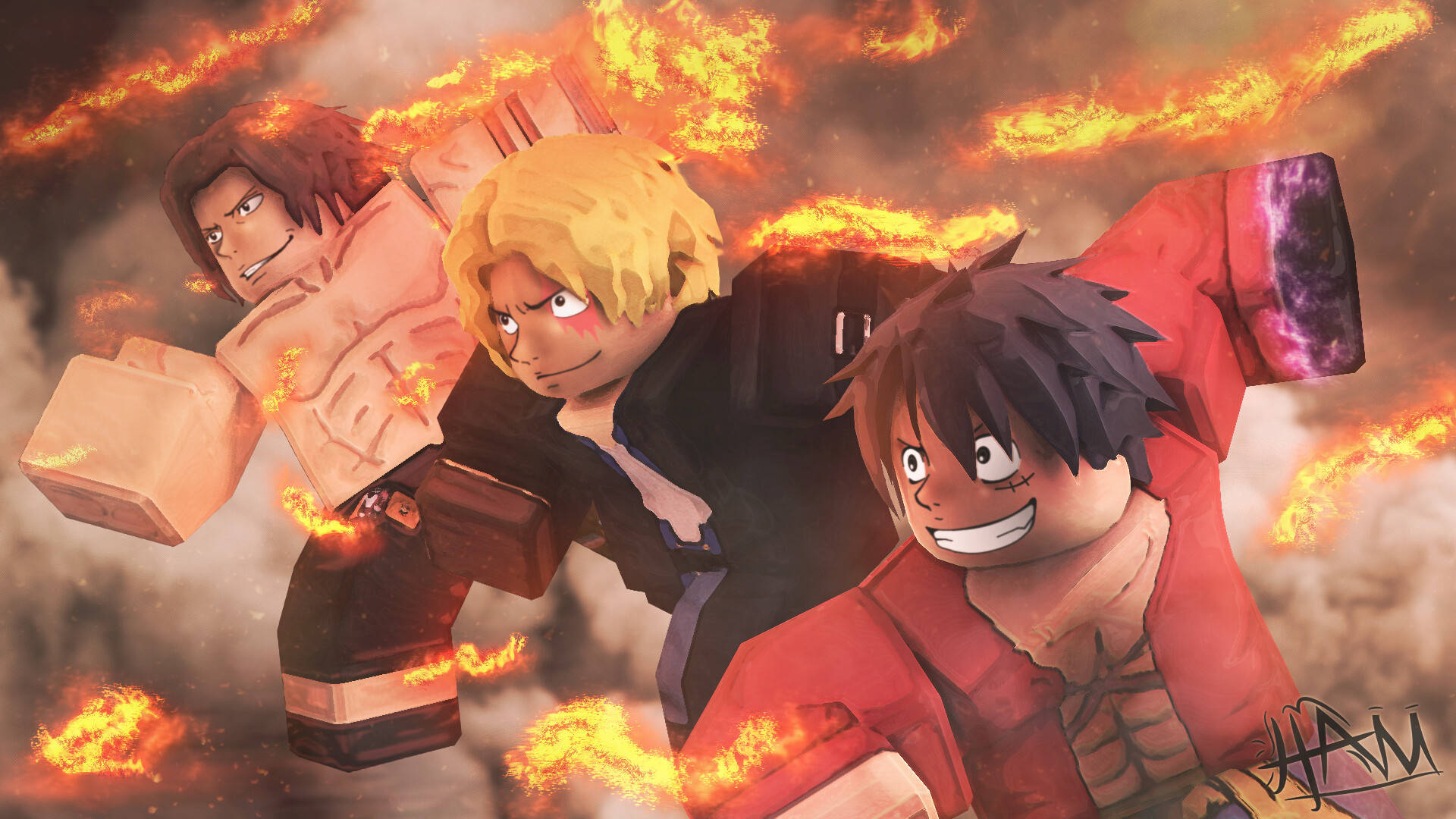 Roblox 桌布 壁紙 — 三個動漫風格的方塊角色帶著堅定的表情衝過火焰爆炸。