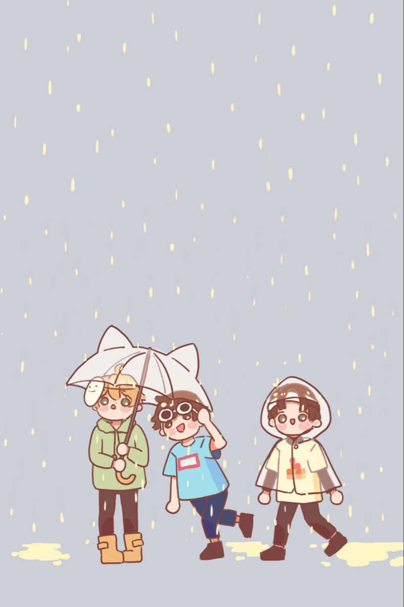 Umbrella 桌布 壁紙 — 三個動漫風格的朋友在雨中行走，撐著貓耳雨傘，穿著雨衣，水坑反射出柔和的黃光。