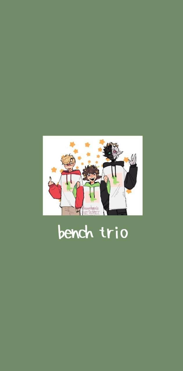 Friends Aesthetic 桌布 壁紙 — 三個動漫風格的朋友穿著連帽衫，在帶有漂浮星星的素色背景前開心地擺姿勢。