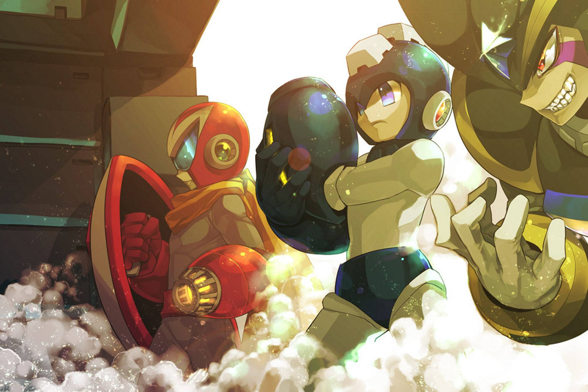 Megaman 桌布 壁紙 — 三個動漫風格的機器人戰士站在發光的碎片中，展現出動態戰鬥場景和強烈的表情。