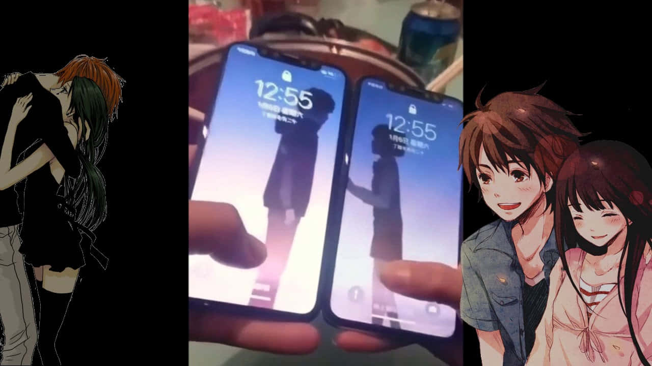 kimi no na wa phone 桌布 壁紙 — 三個動漫風格的浪漫場景：一對情侶擁抱、兩支手機顯示剪影情侶，以及一對微笑的情侶在一起。