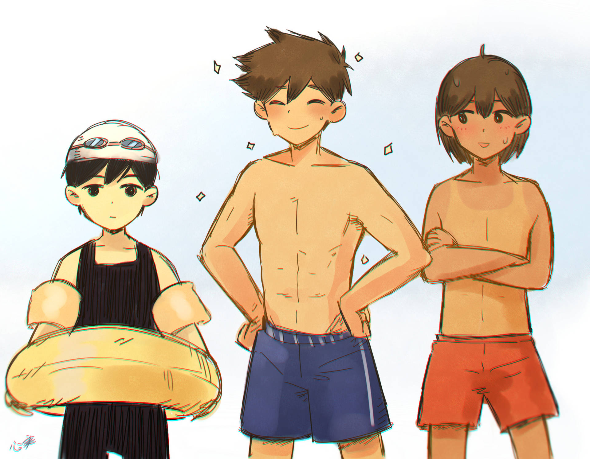 三個動漫男孩穿著泳裝在夏日戶外擺姿勢。 — Omori GIF 壁紙