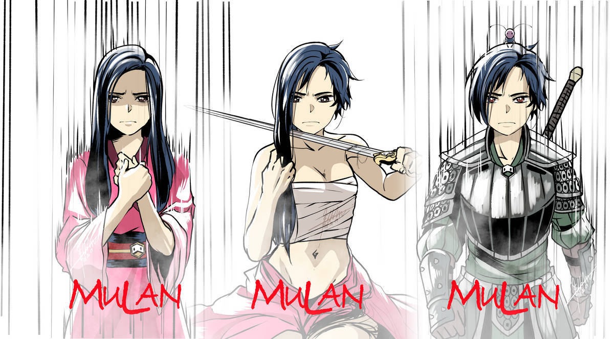 Mulan 桌布 壁紙 — 三個動漫風格的花木蘭描繪，穿著傳統服飾、劍、盔甲和戰鬥姿態，背景是雨絲斑駁。