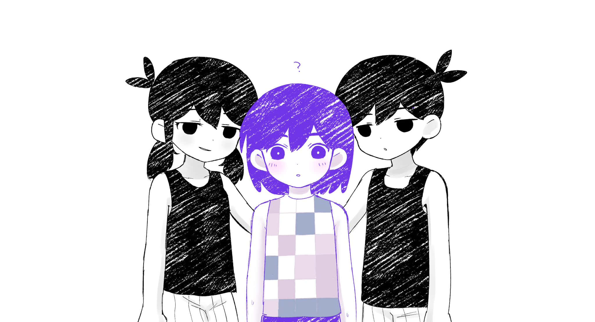 omori 桌布 壁紙 — 三個動漫風格的角色，有著素描般的黑色頭髮，圍著一個穿著格子襯衫的紫髮女孩，她看起來很困惑，頭上有個問號。