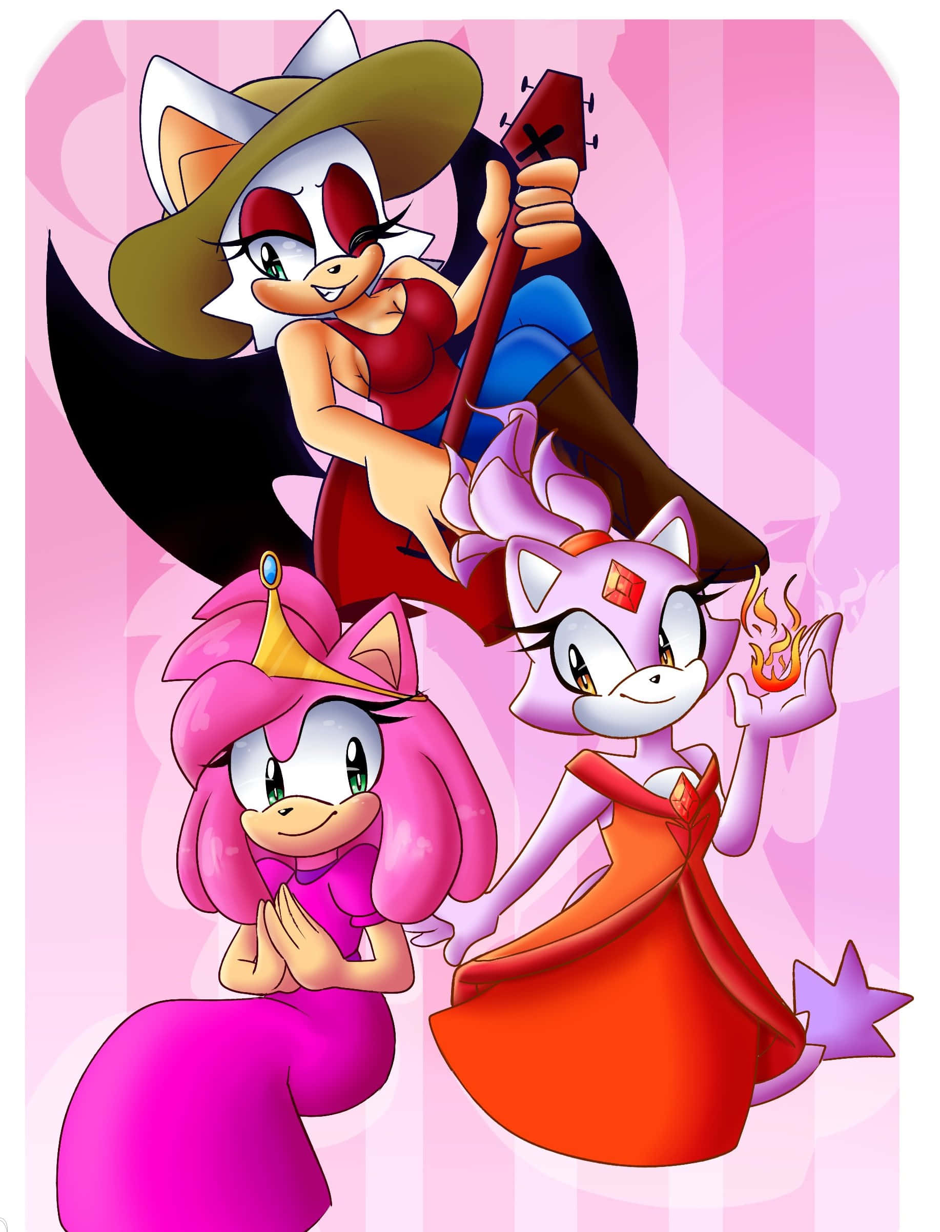 Sonic Characters 桌布 壁紙 — 三個動漫風格的貓女郎在柔和的粉紅色條紋背景前開心地擺姿勢，一個拿著吉他，另一個揮舞著火焰。