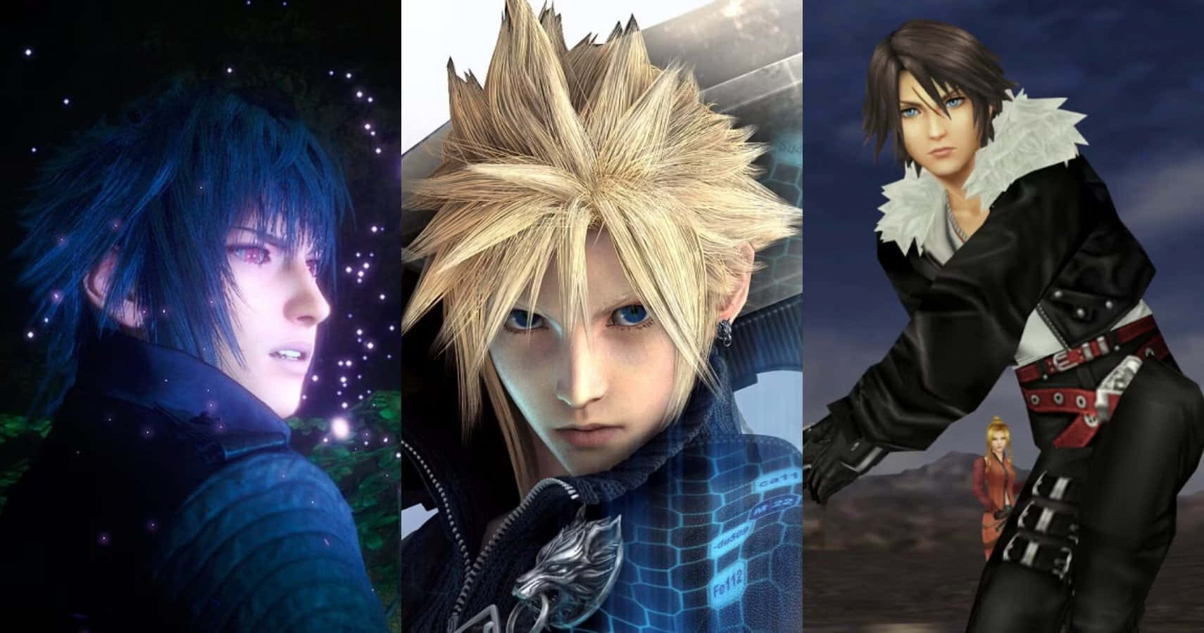 Final Fantasy Characters 桌布 壁紙 — 三個動漫風格的電子遊戲角色，有著尖刺頭髮和精細服裝，站在滿天星斗的夜空和沙漠背景前。