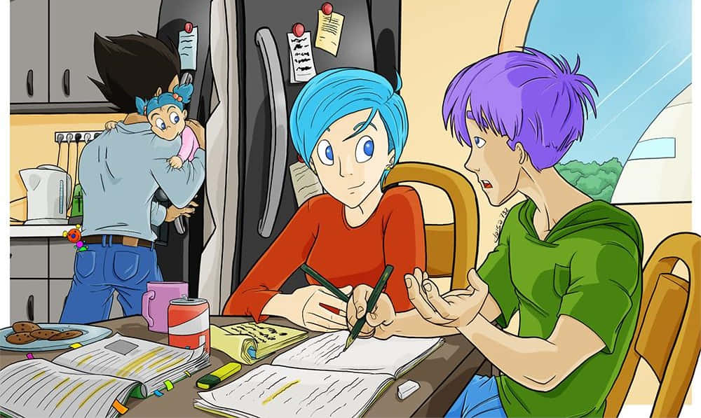 Vegeta's Family 桌布 壁紙 — 三個動漫風格的青少年在廚房裡，一個在桌上寫字，另一個生動地做手勢，第三個在冰箱後面抱著一個嬰兒。