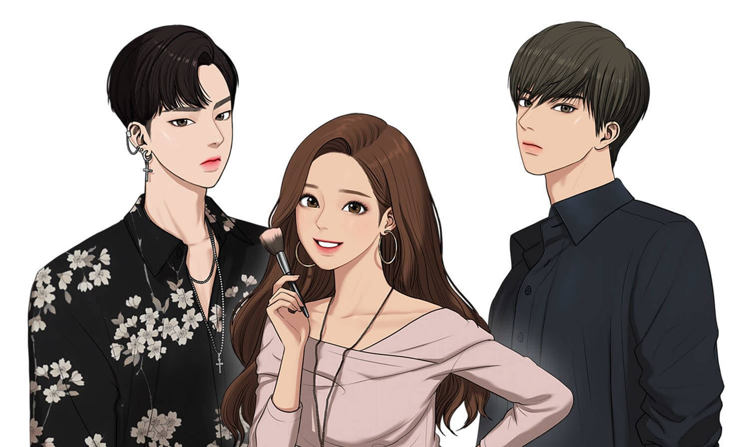 True Beauty 桌布 壁紙 — 三個動漫風格角色：一個微笑的女人拿著化妝刷，兩旁是兩個穿著時尚深色服裝的嚴肅男人。