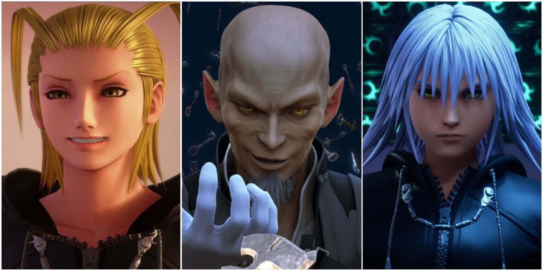 Kingdom Hearts Xehanort 桌布 壁紙 — 三個動漫風格角色，外貌各異：一位金髮女性、一位光頭尖耳男性和一位藍髮人物，背景為發光的綠色。