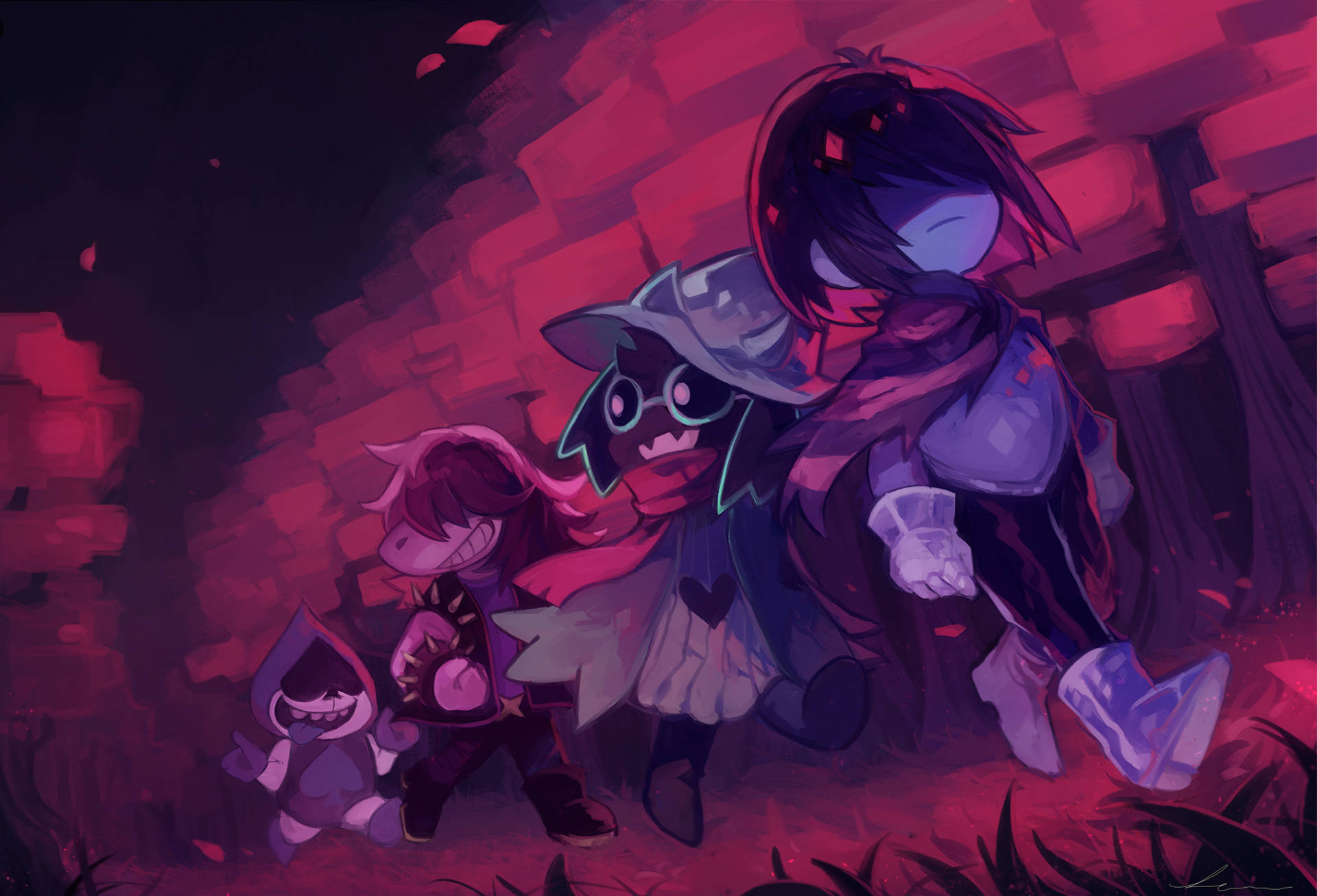 Ralsei 桌布 壁紙 — 三個動漫風格角色，深色頭髮，發光的眼睛，站在紅色照亮的廢墟中，周圍是破碎的磚塊和詭異的陰影。