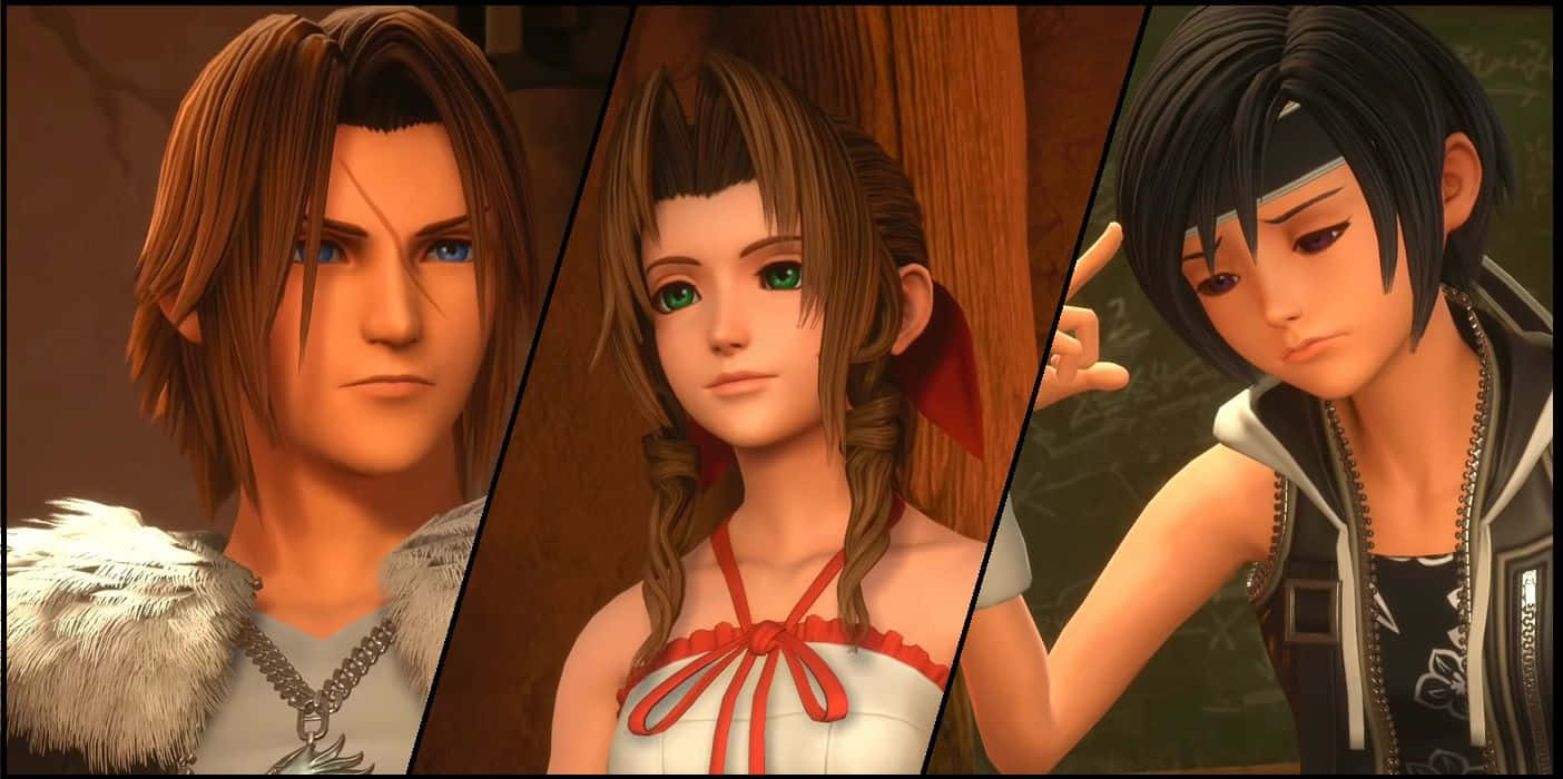 Kingdom Hearts Characters 桌布 壁紙 — 三個動漫風格角色，穿著不同的服裝和表情，以分割畫面肖像顯示。