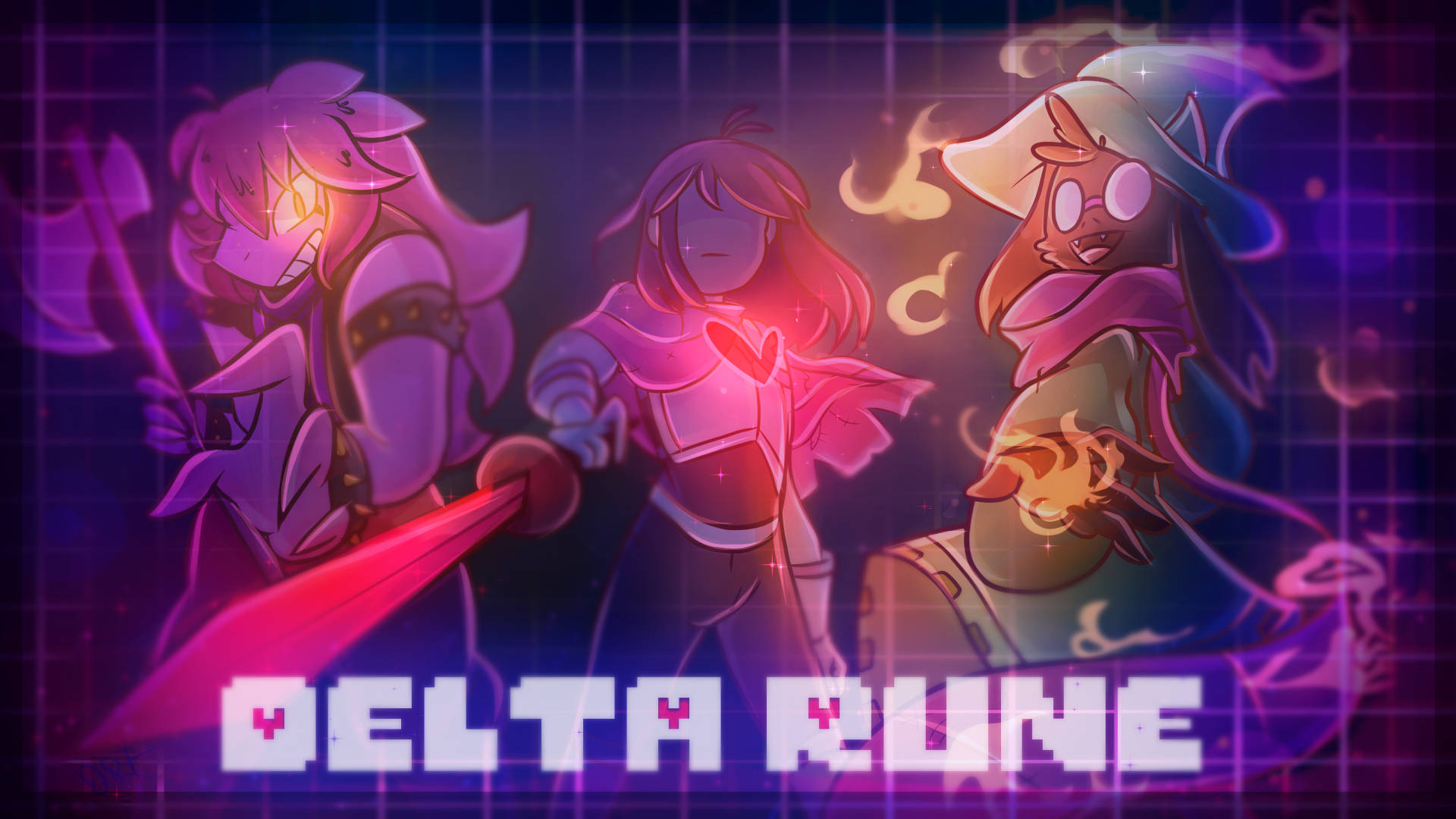Deltarune 桌布 壁紙 — 三個動漫風格角色在數位網格背景上散發出充滿活力的粉紅色和紫色能量。