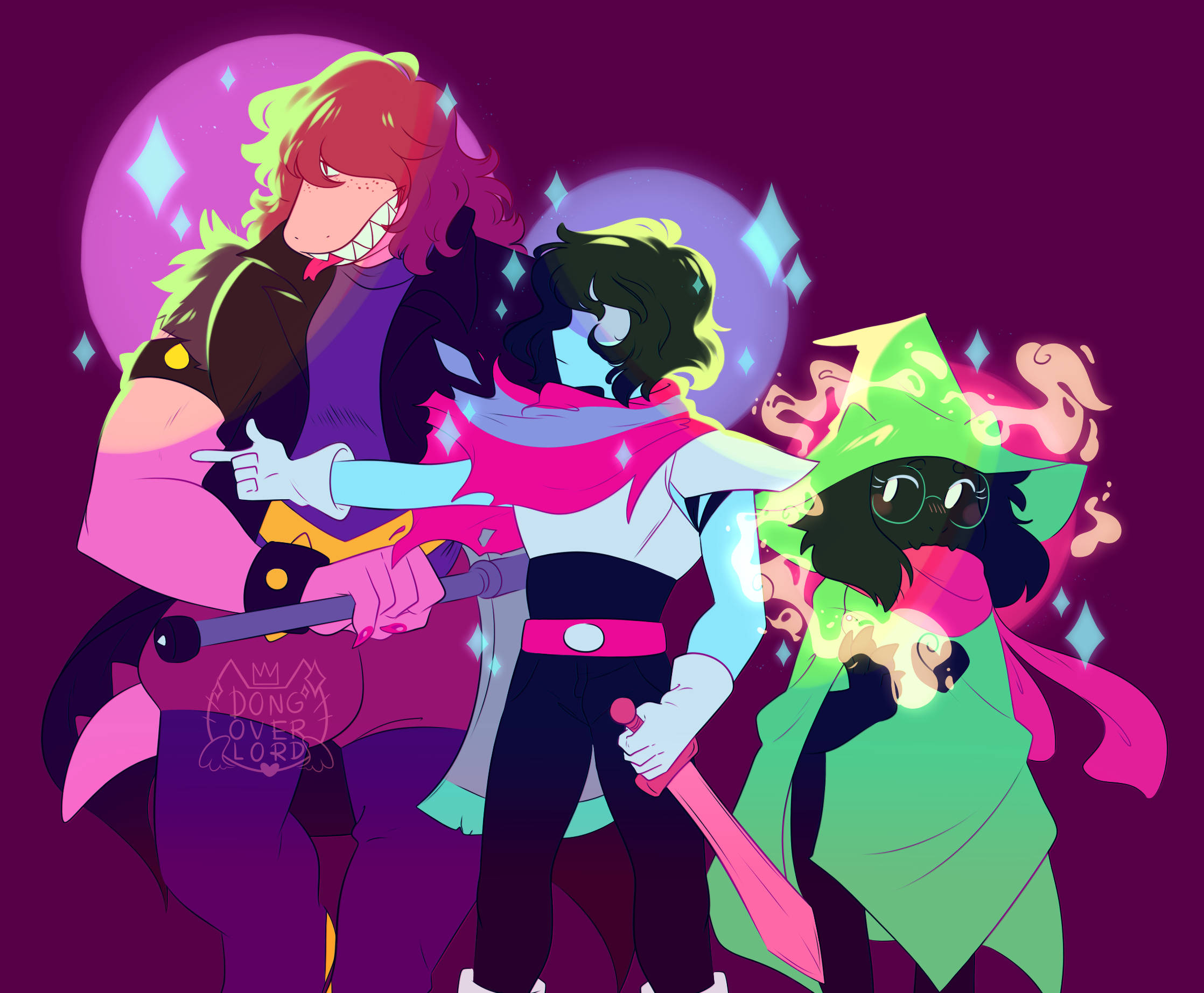 Deltarune 桌布 壁紙 — 三個動漫風格角色手持發光武器，身穿鮮豔霓虹服裝，自信地站在紫色宇宙背景前。