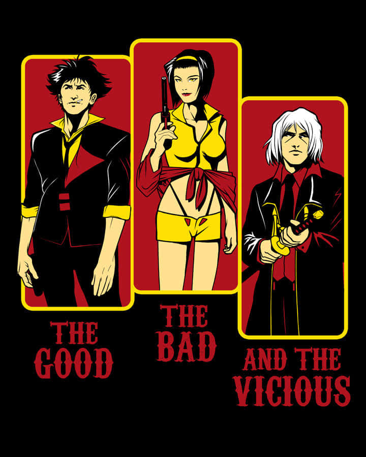 Cowboy Bebop Vicious 桌布 壁紙 — 三個動漫風格角色標示為『好人』、『壞人』和『兇殘』，站在黑色背景上的大膽紅黃色框架中。