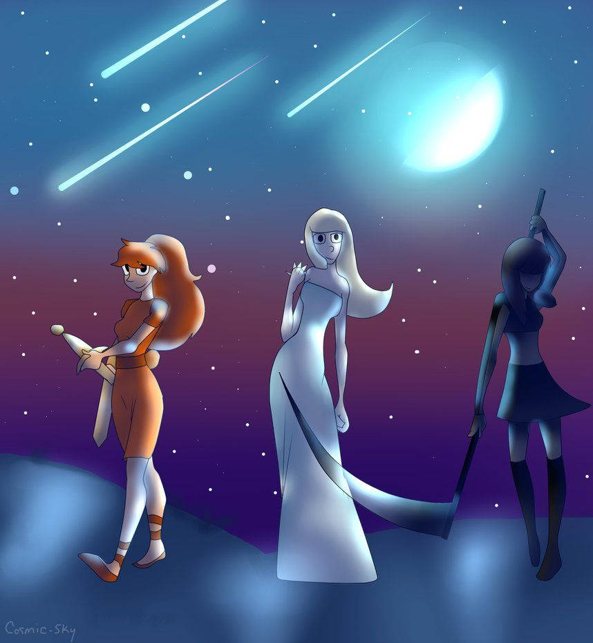 史帝芬宇宙 桌布 壁紙 — 三個動漫風格角色站在星空下，背後有流星和發光的月亮。