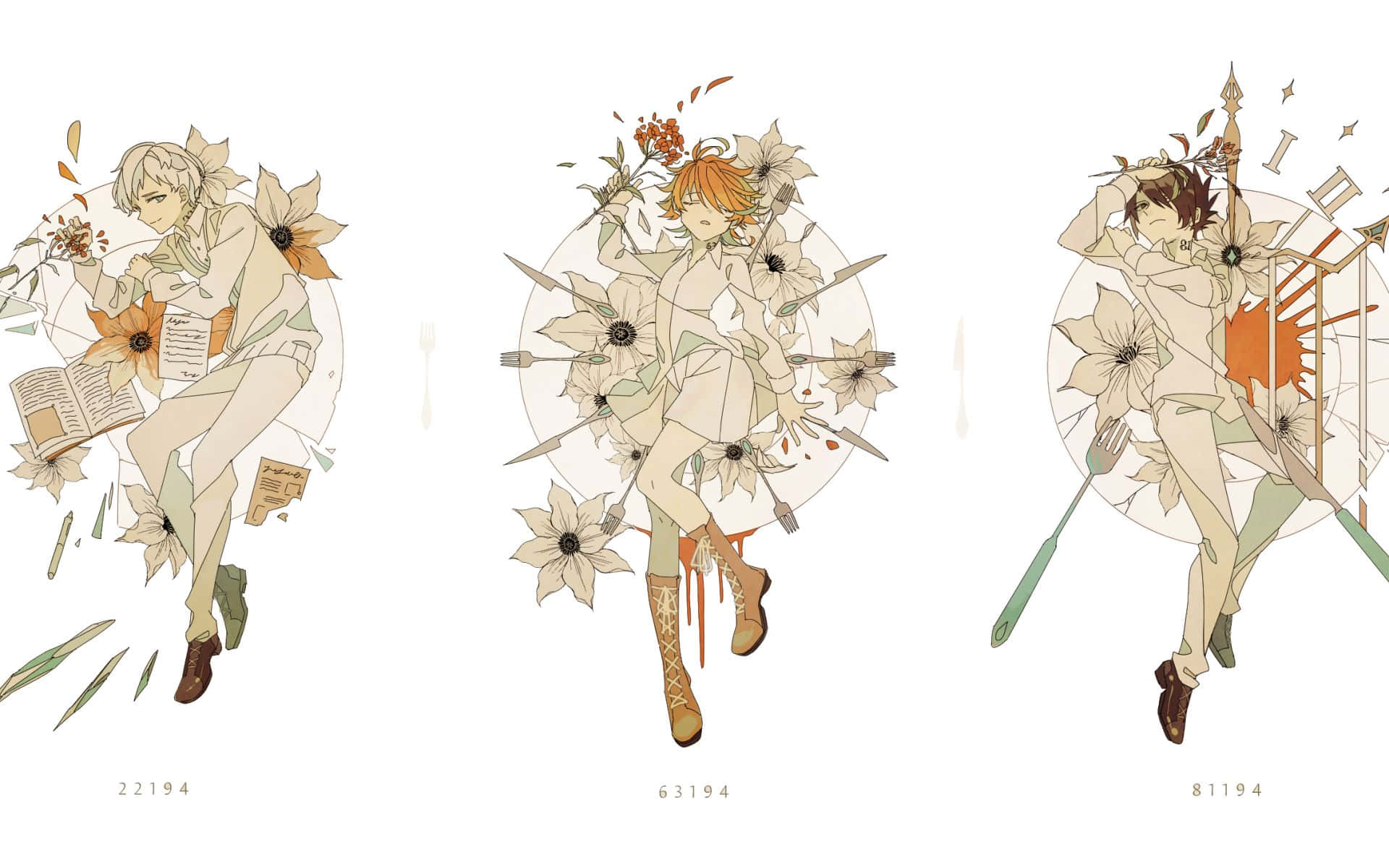 The Promised Neverland 桌布 壁紙 — 三個動漫風格角色被花朵和廚房用具環繞，呈現出風格化的圓形構圖。
