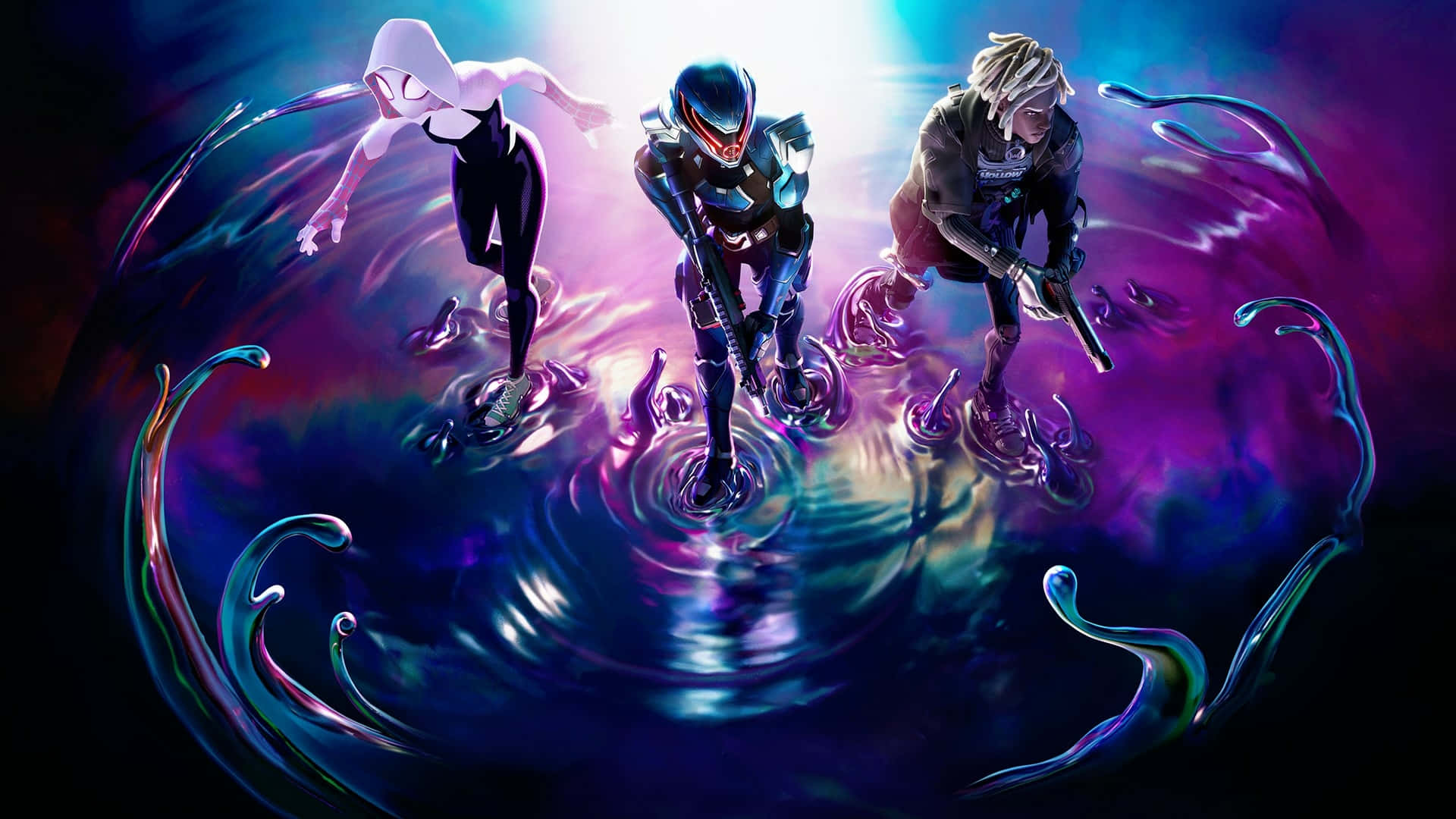 Fortnite Chapter 3 桌布 壁紙 — 三個動漫風格角色身穿未來裝備，站在霓虹紫藍色液體漩渦之上。