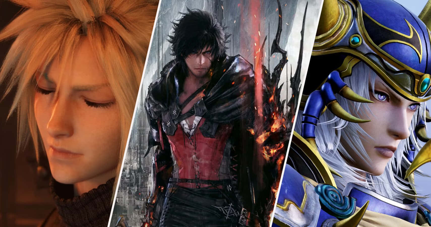 Final Fantasy Characters 桌布 壁紙 — 三個動漫風格電子遊戲角色，擁有不同髮色和盔甲，以戲劇性的特寫姿勢呈現。