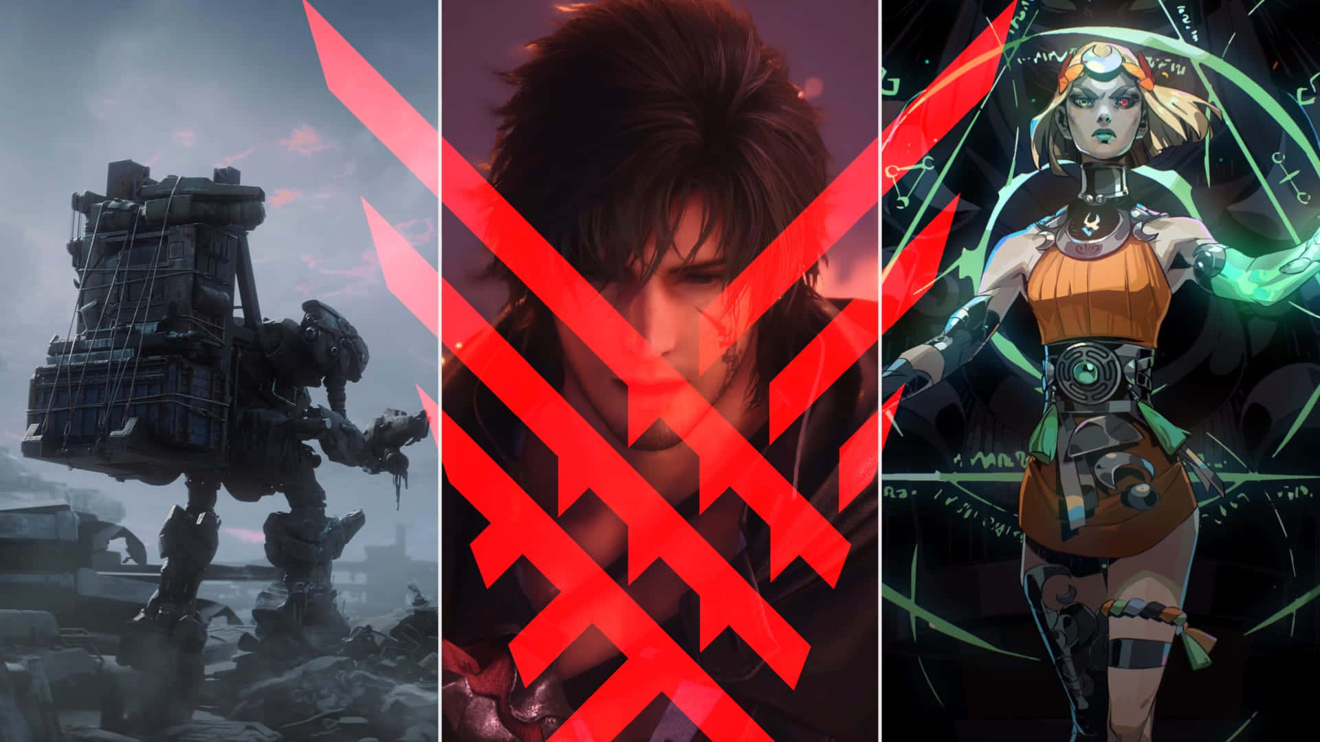 Game Trailers 桌布 壁紙 — 三個動漫風格面板展示了一個廢墟中的機甲、一個帶有紅色劃痕的男人和一個發著綠色光芒的賽博朋克女人。