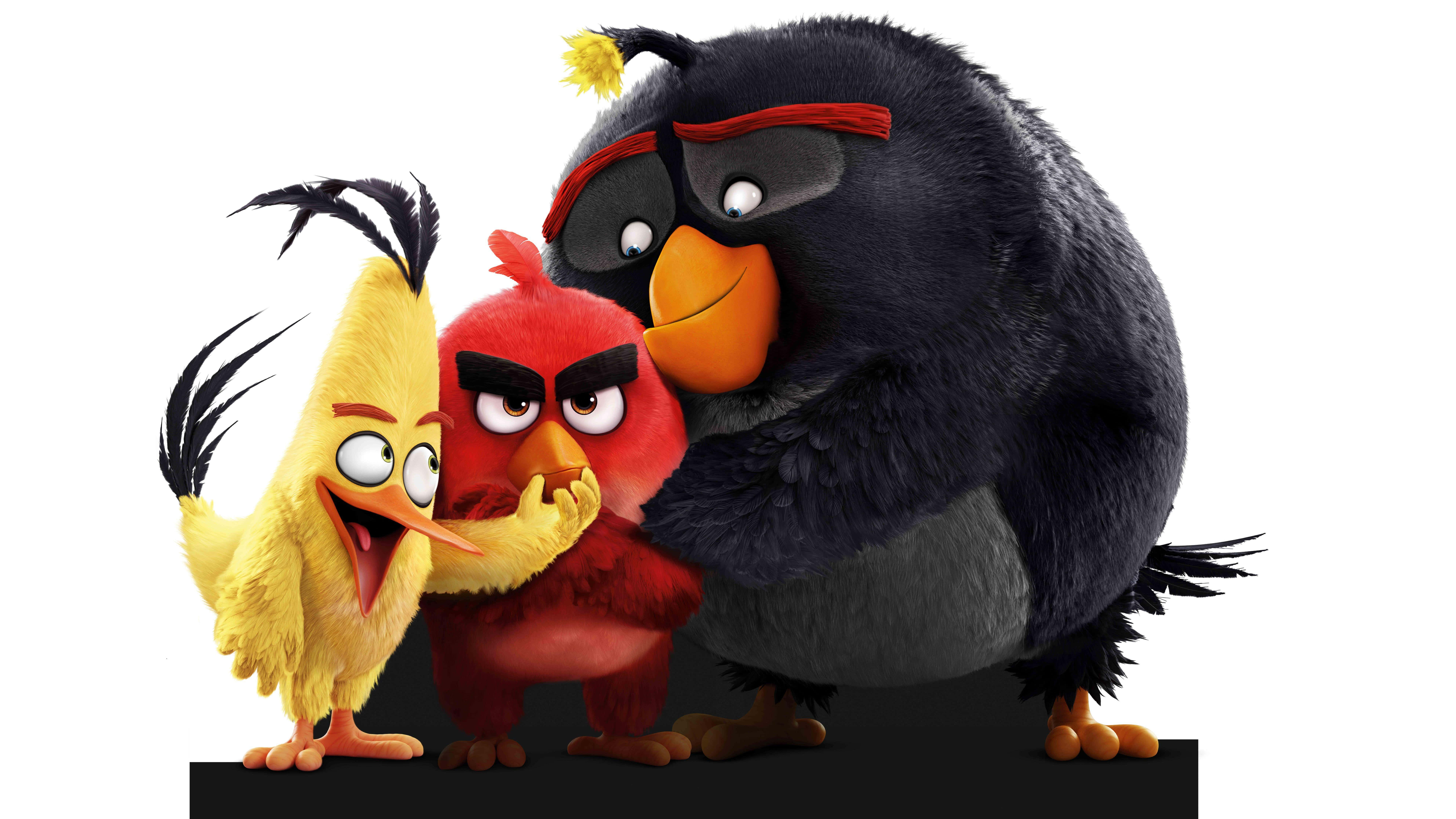 Angry Birds 桌布 壁紙 — 三個動畫Angry Birds角色：一隻黃色小雞、一隻紅色鳥和一隻戴眼鏡的黑色鳥，一起站在白色背景前。