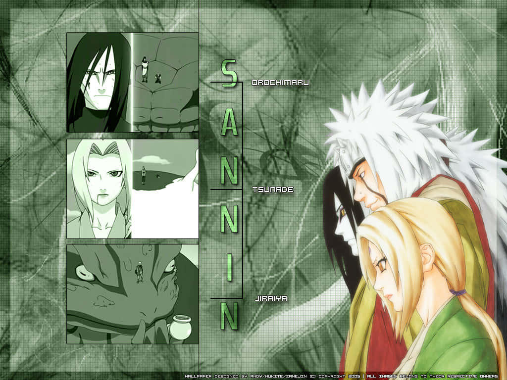 Legendary Sannin 桌布 壁紙 — 三個動畫三忍角色，擁有尖刺頭髮和強烈表情，站在帶有漫畫面板的綠色紋理背景前。
