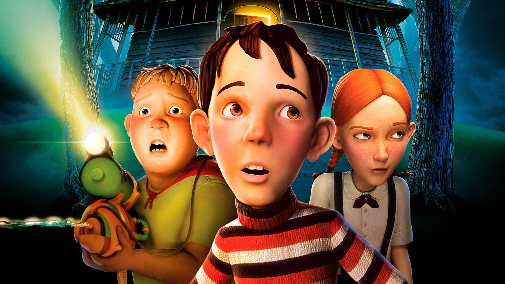 Monster House 桌布 壁紙 — 三個動畫兒童睜大眼睛，震驚地盯著手電筒光束劃過身後陰森黑暗的森林。