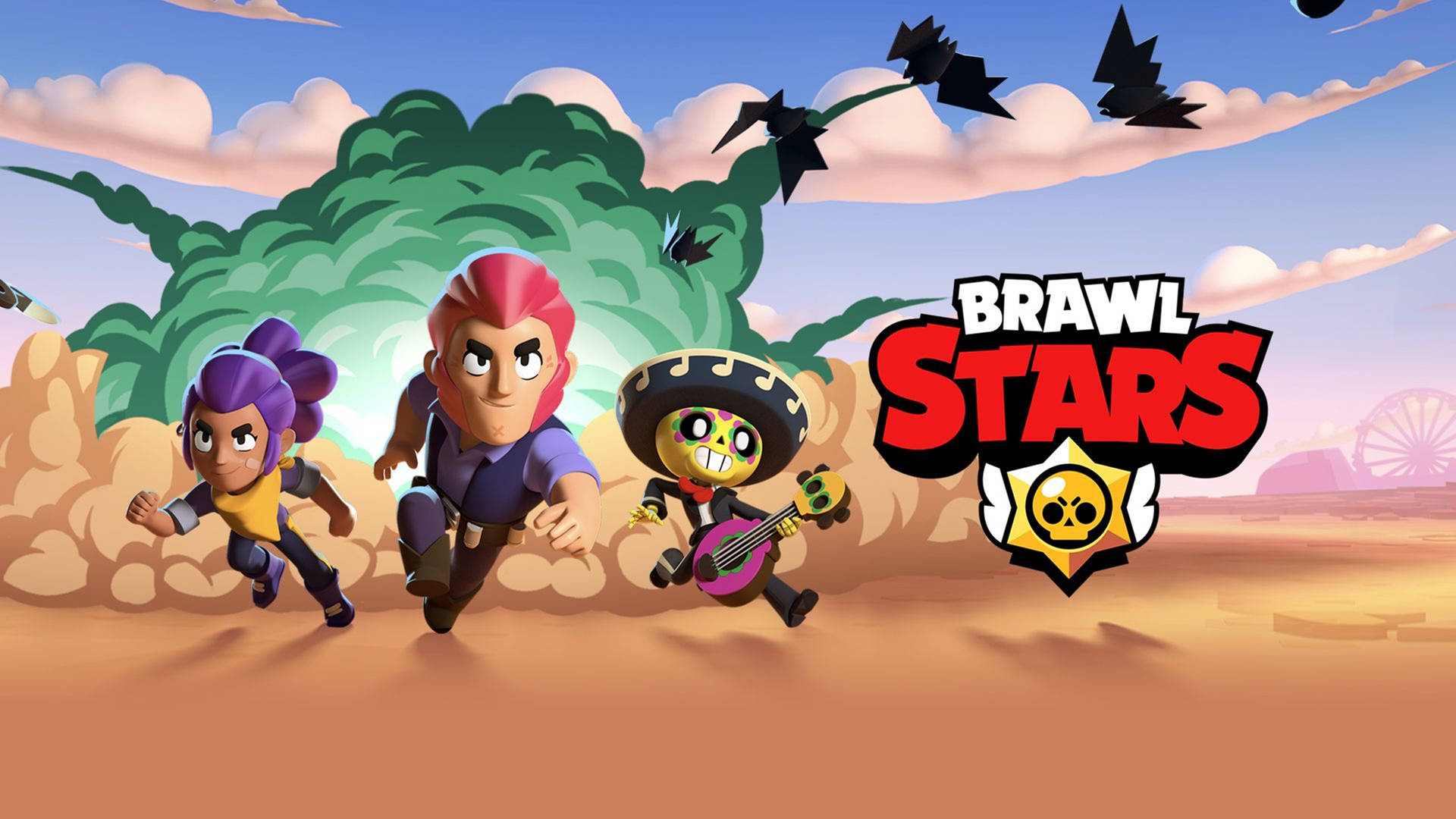 三個 Brawl Stars 角色在沙漠中奔跑，蝙蝠在上方飛翔。 — 荒野亂鬥 GIF 壁紙