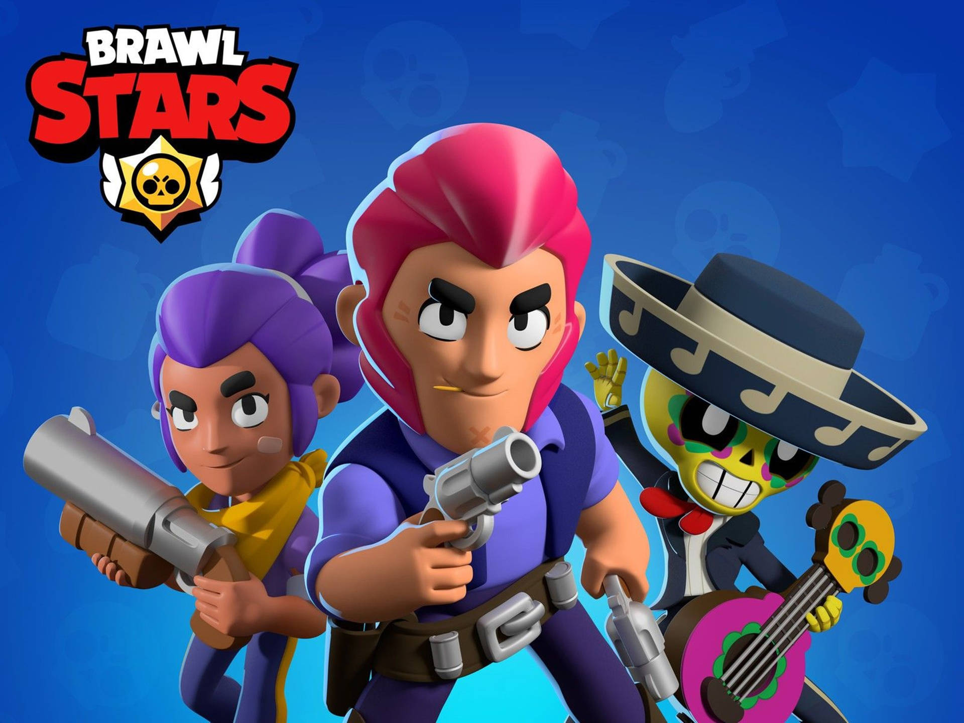 三個 Brawl Stars 角色在藍色背景前持武器和吉他。 — 荒野亂鬥 GIF 壁紙