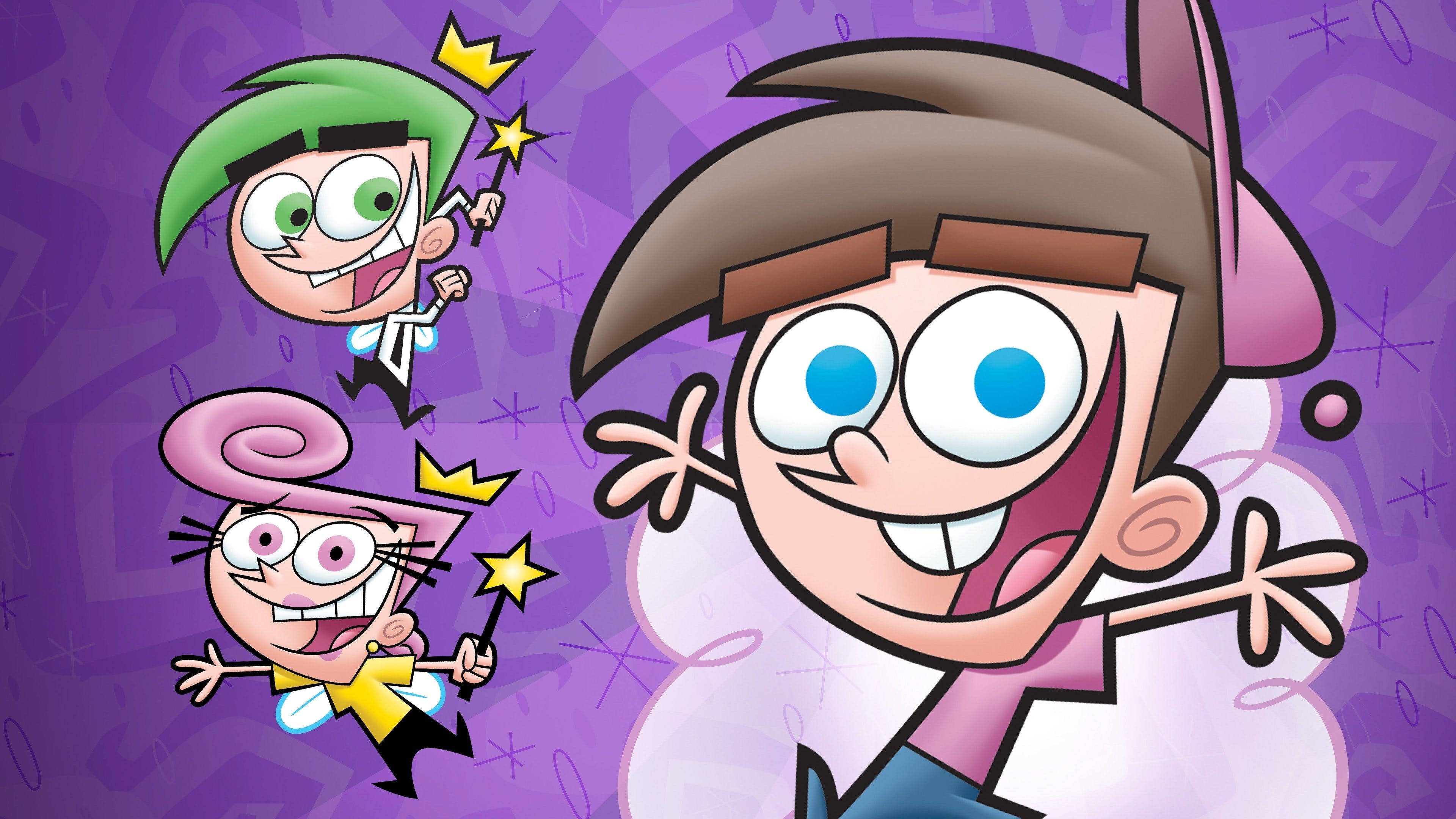 The Fairly Oddparents 桌布 壁紙 — 三個動畫卡通角色，表情誇張，帶有閃光，在紫色圖案背景上愉快地漂浮。