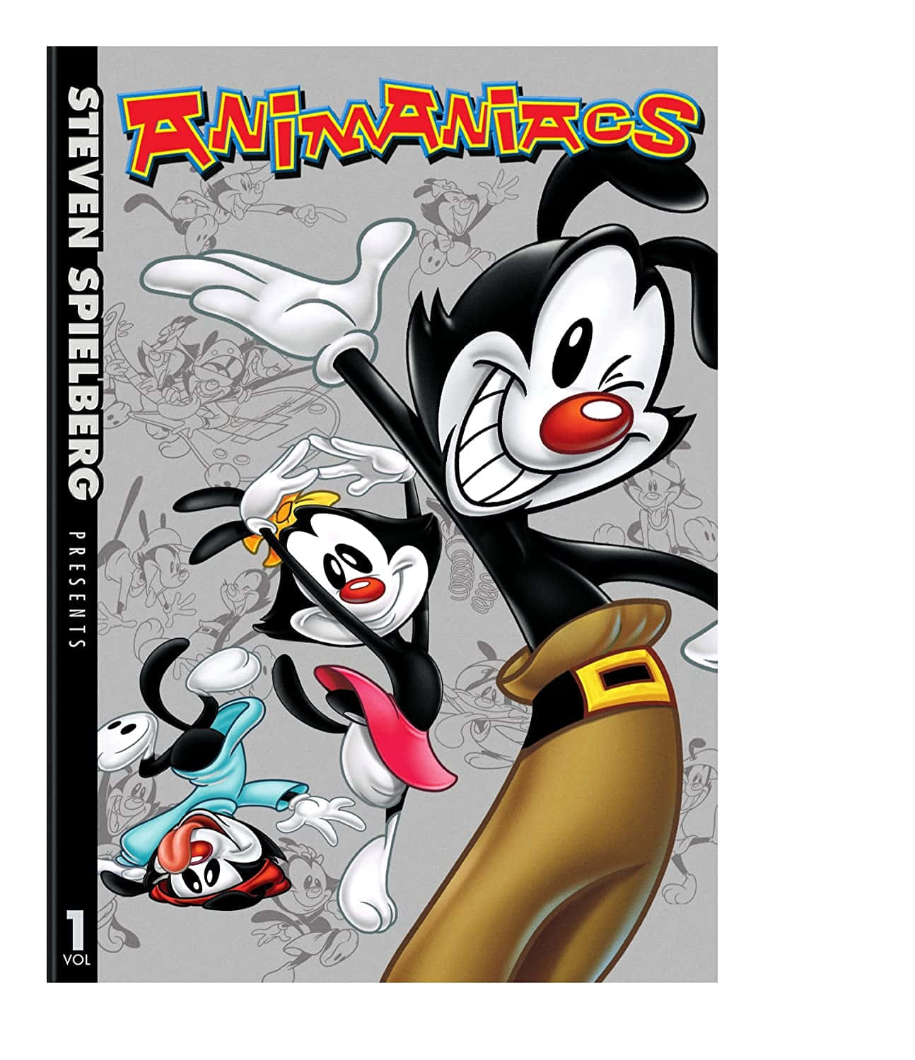Animaniacs 桌布 壁紙 — 三個動畫卡通角色以動態姿勢呈現在灰色背景上，帶有模糊草圖和粗體標題文字。
