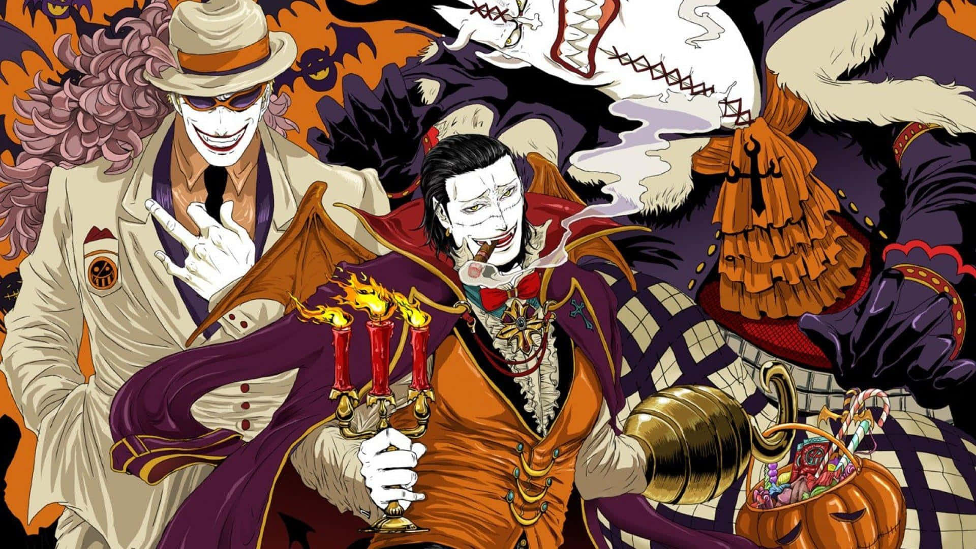gecko moria 桌布 壁紙 — 三個動畫反派穿著萬聖節服裝，在詭異的橙色和紫色背景前拿著蠟燭和糖果擺姿勢。