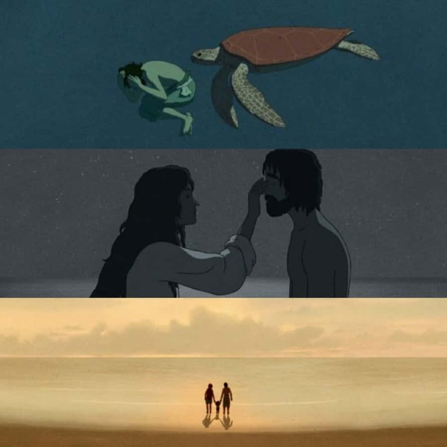 The Red Turtle 桌布 壁紙 — 三個動畫場景：水中的女人與海龜、星空下觸碰的情侶，以及日落時分在金色沙灘上牽手的兩個人。