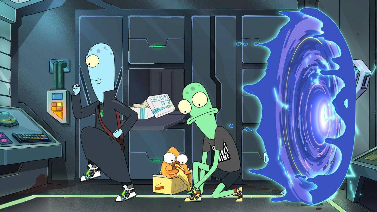 Animated 桌布 壁紙 — 三個動畫外星人在科幻實驗室中凝視著一個發光的藍色蟲洞傳送門。
