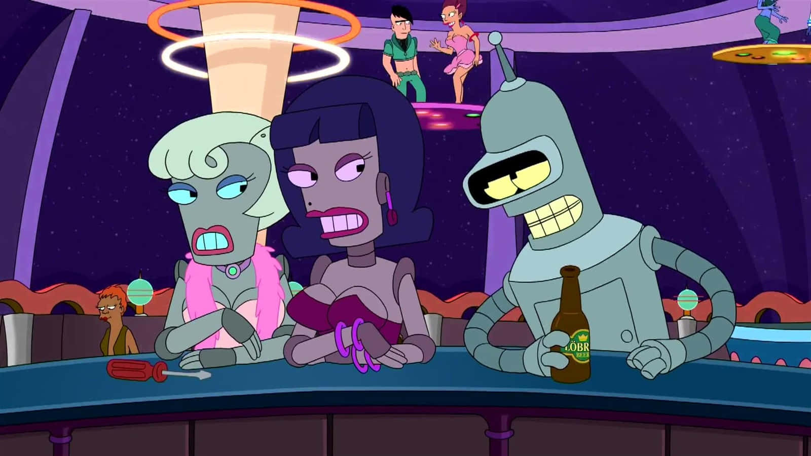 Futurama 桌布 壁紙 — 三個動畫外星人坐在一個未來風格的太空船休息室的酒吧裡，周圍有霓虹燈和漂浮的客人。