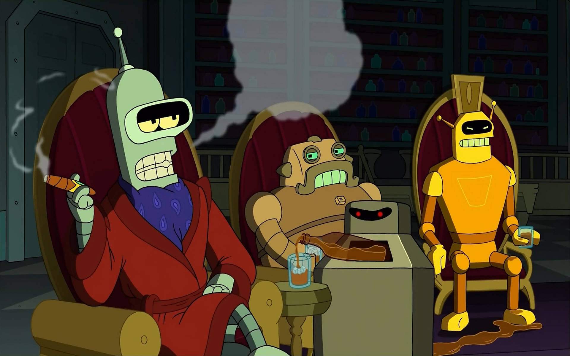 Bender 桌布 壁紙 — 三個動畫外星人角色在燈光昏暗的酒吧裡，坐在豪華椅子上，抽著雪茄喝著酒。