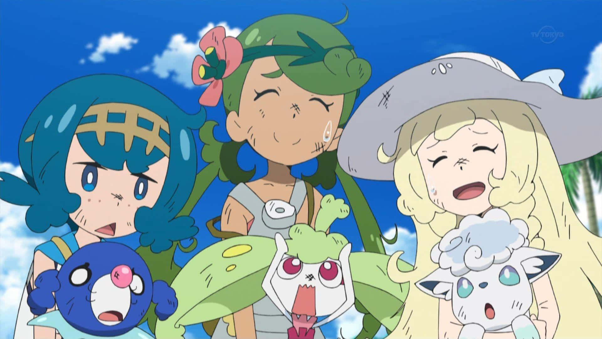 動漫 桌布 壁紙 — 三個動畫女孩在晴朗藍天白雲下露出寶可夢笑容和大笑。